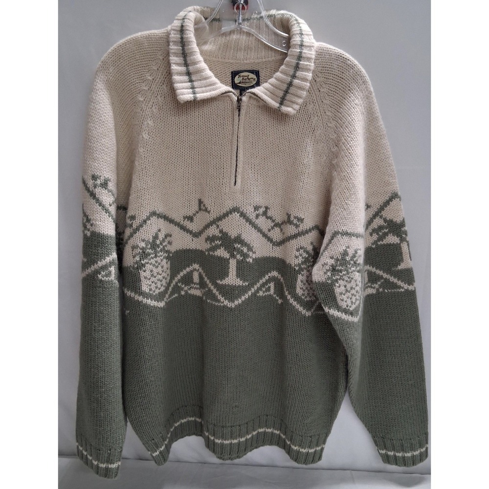 Vintage Tommy Bahama 100% Wool Half-Zip Sweater Men's M Green Cream Golf Island